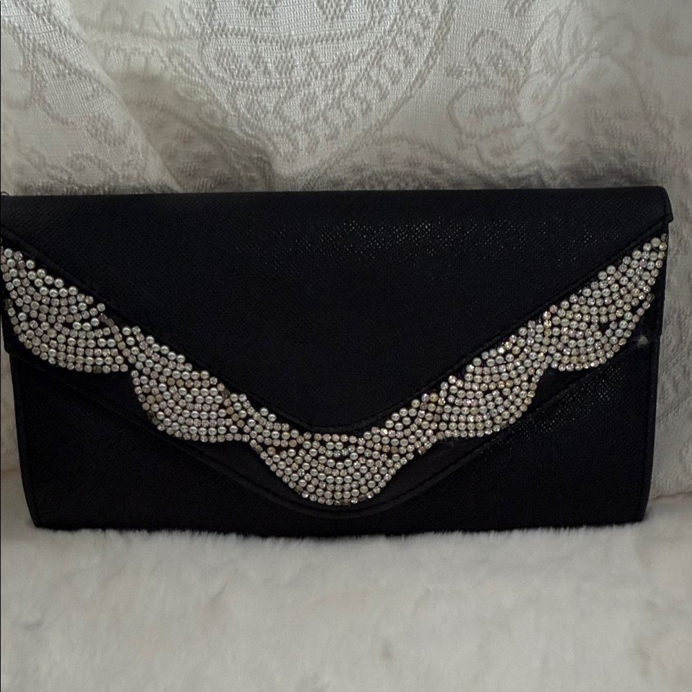 Black Rhinestone Envelope Clutch Handbag